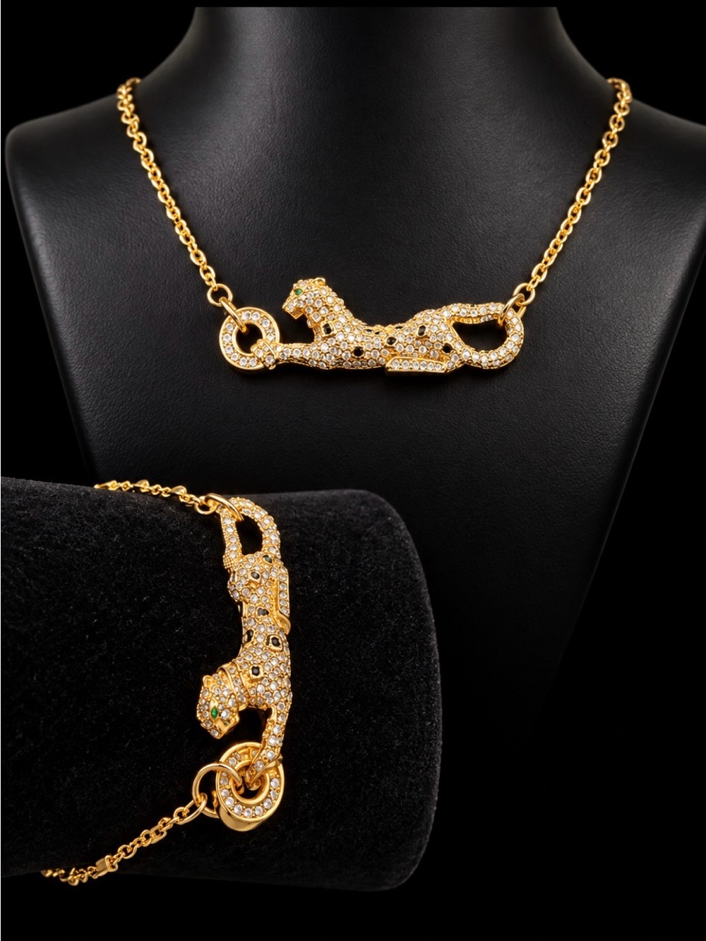 Gold Pavé Panther Chain Necklace & Bracelet Set- Women Jewelry